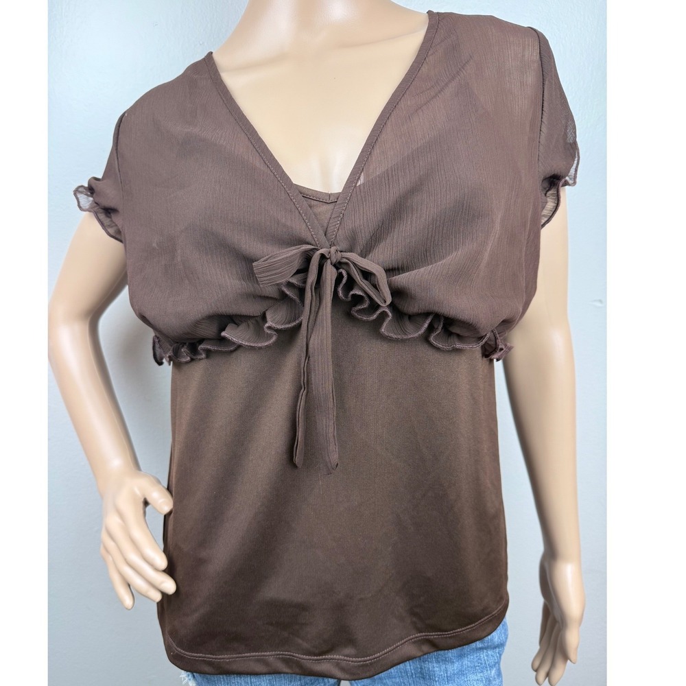 Vintage Wrangler Classic Blues Brown Sheer‎ Ruffle Tie Front Blouse L Coquette
